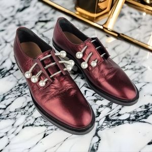 Coliac Fernanda Pearl Bar Metallic Burgundy Leather Pin Loafers